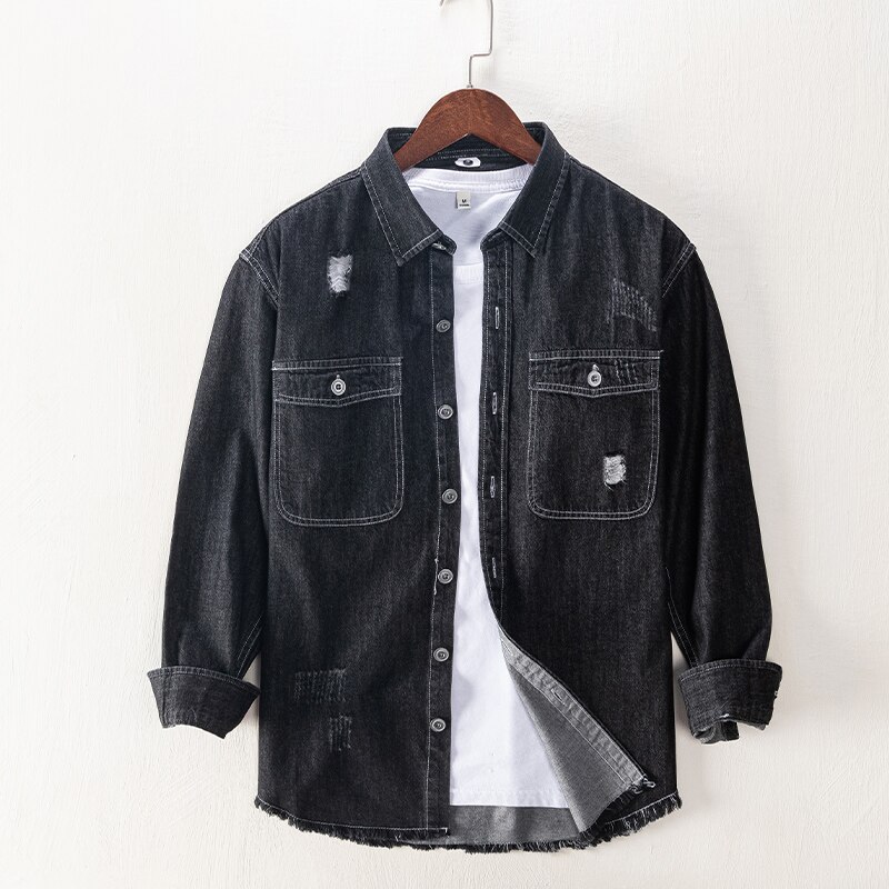 Ripped Denim Shirt for Men Turn-down Collar Cotton Vintage Tops Male Double Pocket Decoration Cowboy Clothes: black / XXXL