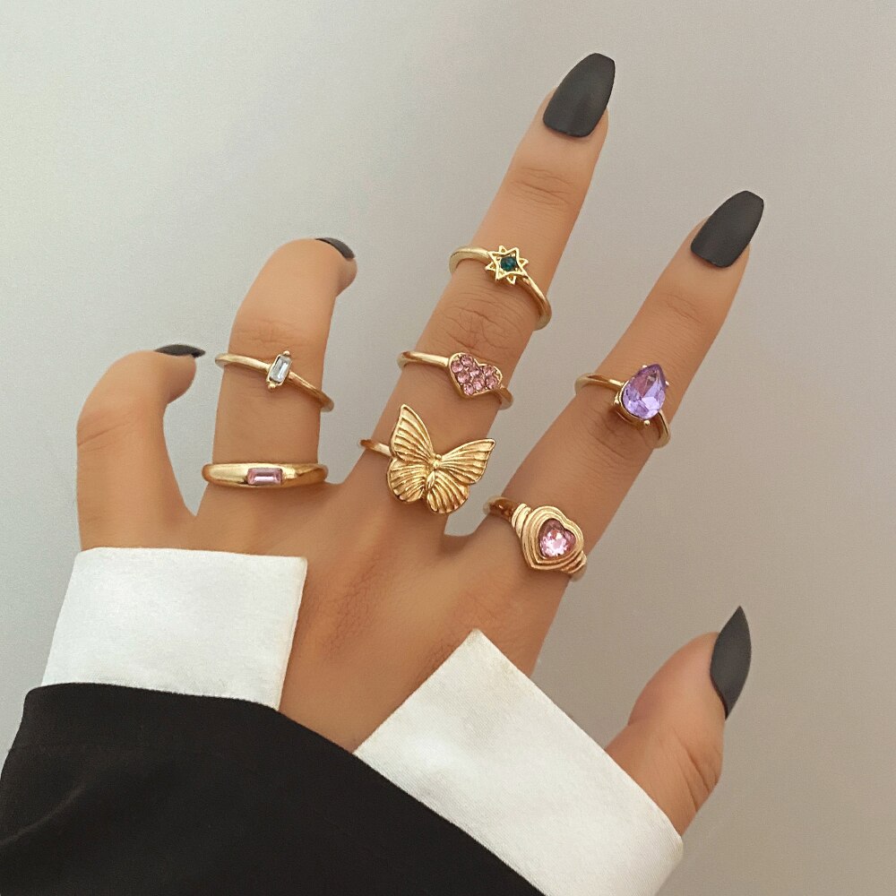 Ifmia 2022 Bohemian Vlinder Gouden Ringen Vrouw Shiny Crystal Stone Heart Geometrische Boho Sieraden Sets Voor Vrouwen Sieraden: IF31714386