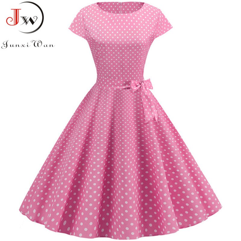 Vintage Kleid Damen Sommer Kurzarm Polka Dot Midi Casual Büro Partykleid 50er 60er Pin Up Rockabilly Kleider: XXL / Gold