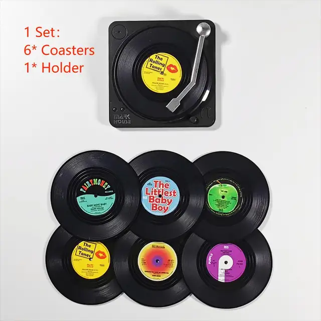 Posavasos de música de vinilo, juego de 6 con soporte para tocadiscos, posavasos de disco de registro Retro, alfombrilla creativa: Negro