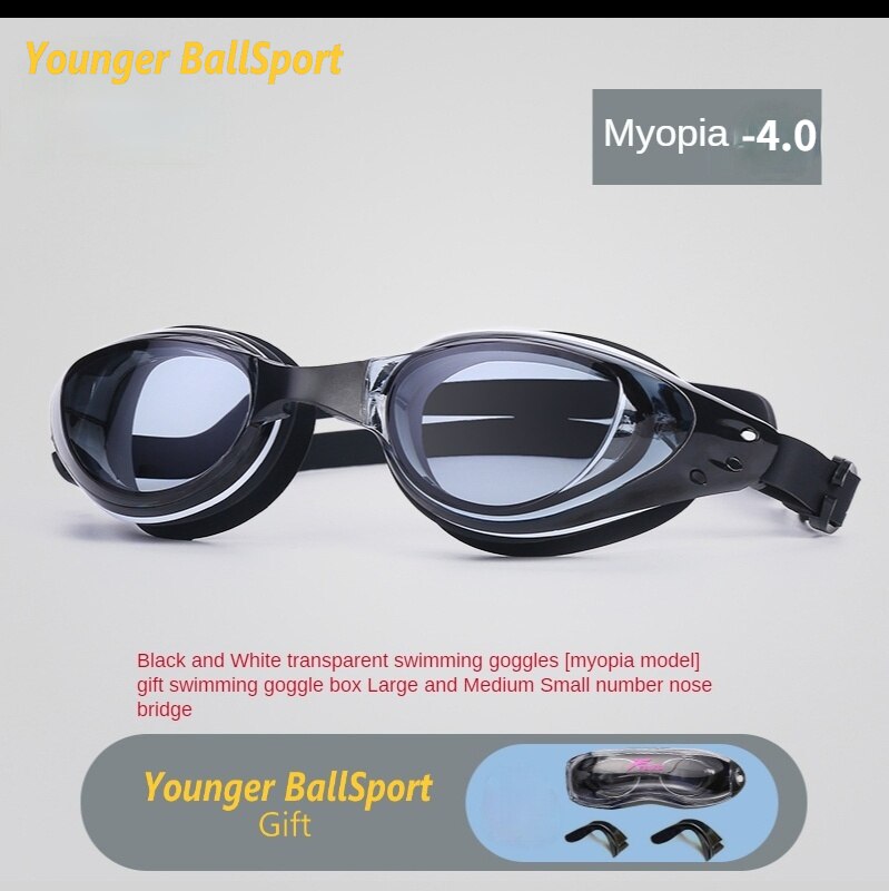 Lunettes de natation professionnelles pour myopie, avec bouchons d&#39;oreille, pince-nez, galvanoplastie, Silicone étanche: Myopia black  -4.0