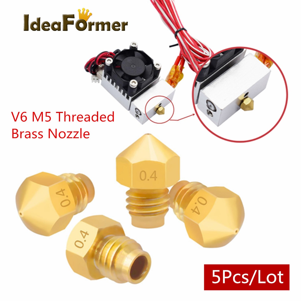 5Pcs 3D Printer V6 M5 Schroefdraad Boring 0.4Mm Messing Nozzle Fit V6 2 In 1 Out Warmte blok Voor 3D Printer Onderdelen 1.75Mm Filament.