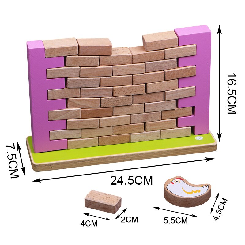 Intellectuele uitdaging voor kinderen: houten speelgoed, blokken, cartoon, kip, muur breken, jenga, educatief speelgoed voor kinderen.