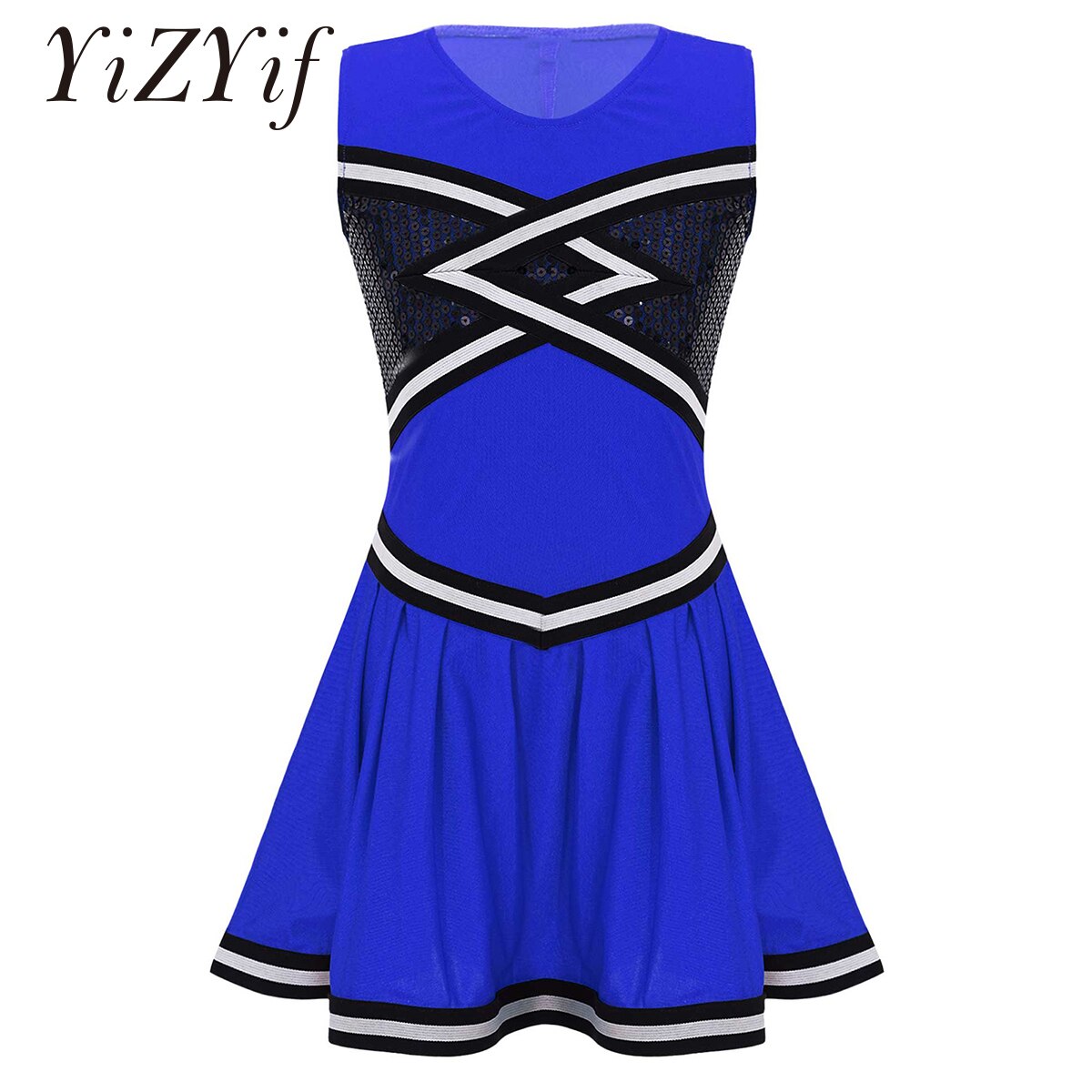 Kids Meisje Pailletten Cheerleader Kostuum Cheer Uniform Cheerleading Jurk Blauw Rood Patchwork Ballroom Dans Jurk Schooluniform