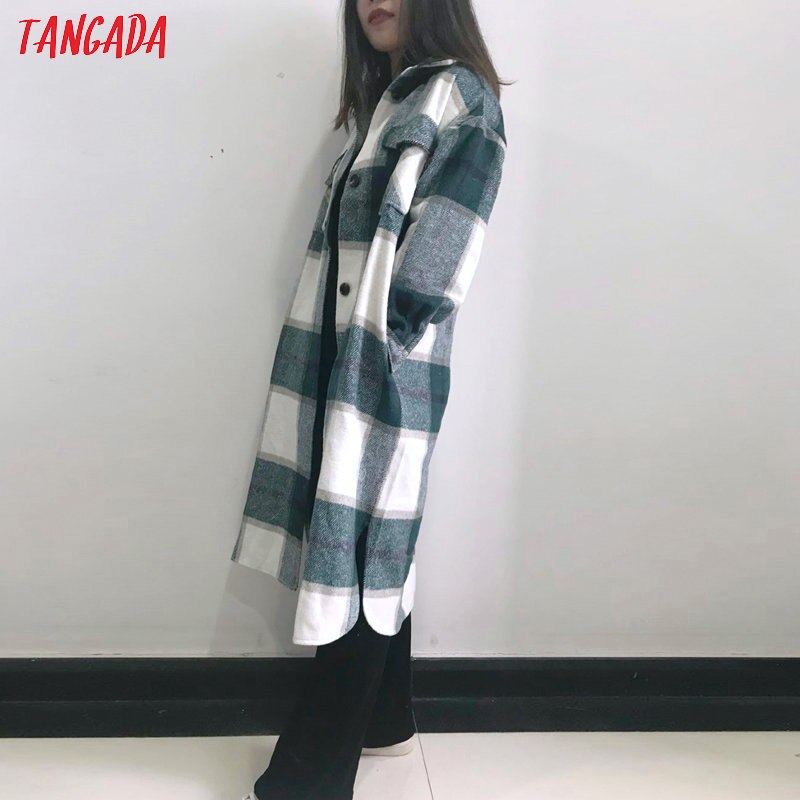 Tangada, Otoño Invierno , chaqueta de abrigo largo a cuadros verde para mujer, abrigo informal cálido, abrigos largos de AI35