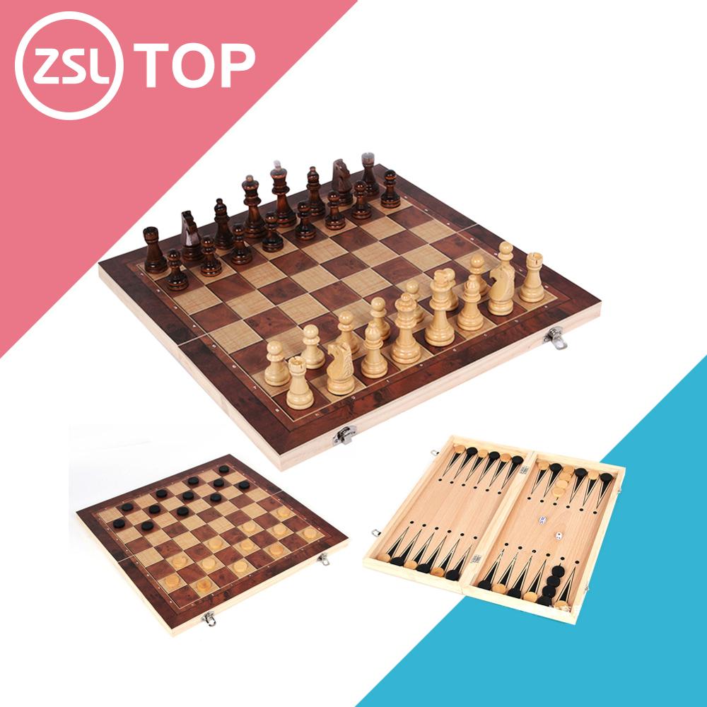 3 in 1 Chess Set Wooden Chess Game Backgammon Checkers Indoor Travel Chess Wooden Folding Chessboard Chess Pieces Chessman