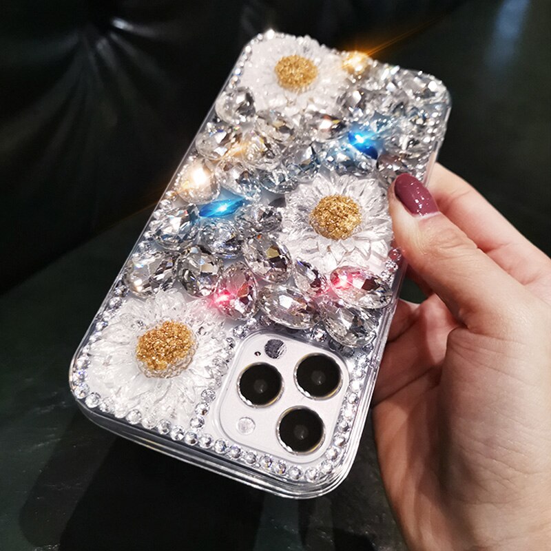 Bling Diamond Daisy Bloem Crystal Case Voor Iphone 12 11 Pro Max Xs Xr X 7 8 Plus 12 Mini case Glitter Strass Zachte Tpu Cover