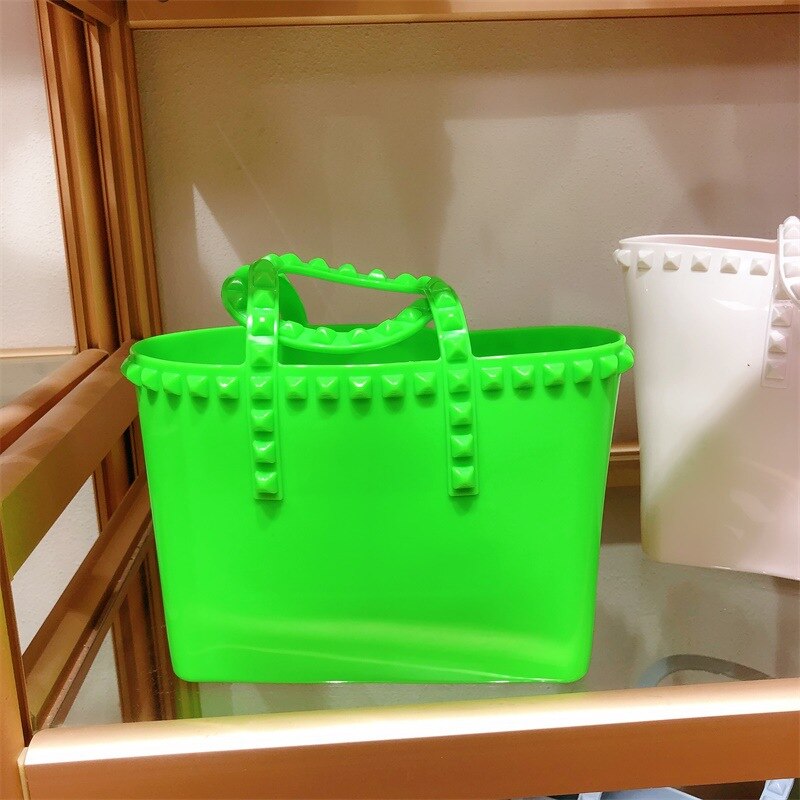 Summer Rivet Jelly Lady Handbag Bucket Tote Bag Shopping Bag Large Capacity PVC Women Handbag: green / S