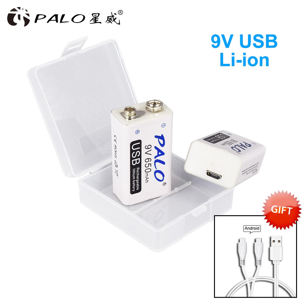 PALO 9V USB batterie au Lithium 650mAh 6F22 6LR61 Li-Ion batterie Rechargeable pour jouets masseurs multimètres guitare avec câble USB: 2 pcs