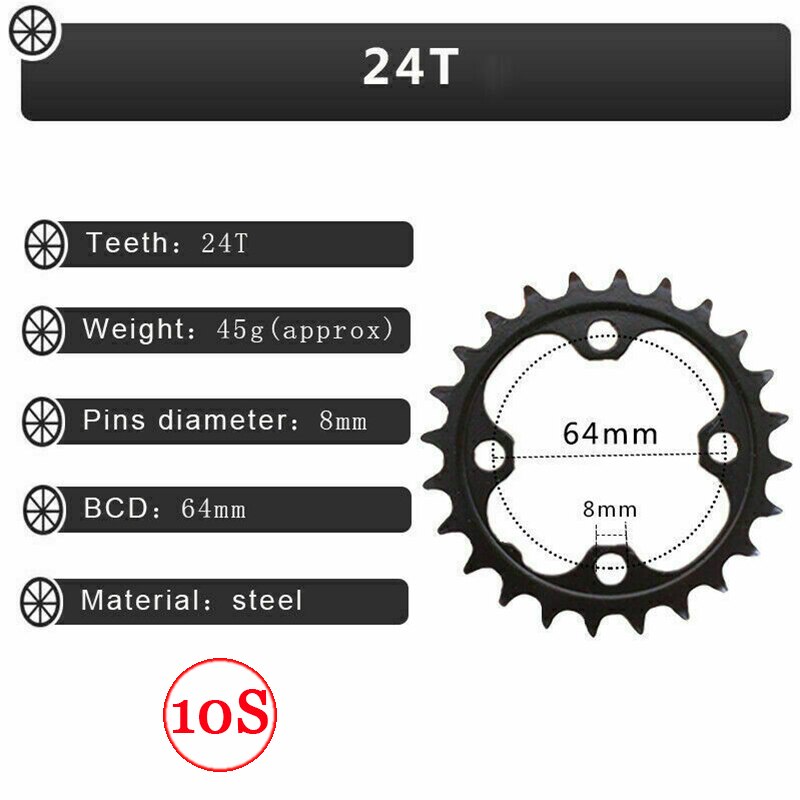 Plato de bicicleta 104BCD 64BCD 22/24/26/32/38/42/44T, plato de bicicleta de 9/10 velocidades para platos y bielas de doble/triple velocidad: 10S 64BCD-24T