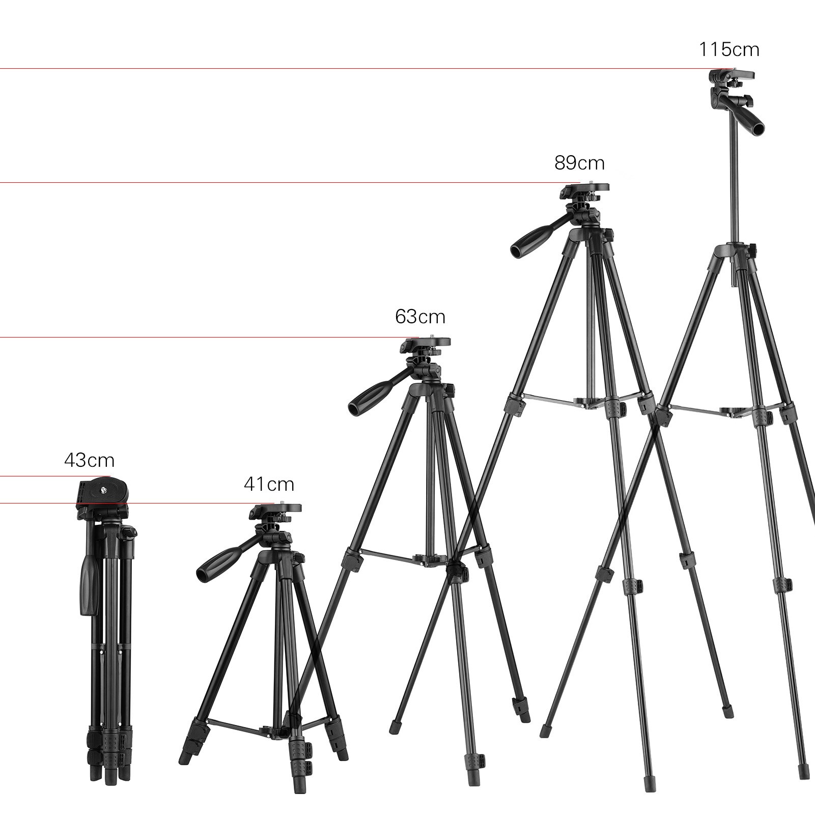Adjustable Height Tripod Stand Aluminum Alloy 115c 3-Section 3KG Payload 3-Way Head 1/4 Mounting with Bubble Level Phone Clamp