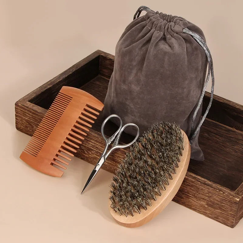Cepillo de afeitar de dos caras con cerdas de jabalí para hombre, cepillos portátiles para Barbero, cepillos para Barba de haya Natural, peine para limpieza Facial, herramientas para bigote