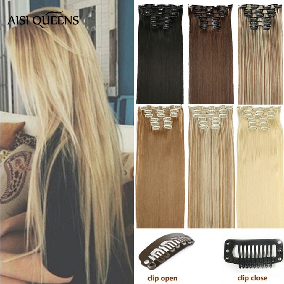 AISI QUEENS Clips In Hair Extension Long Straight Hair Clips for Women 8pcs/set Synthetic 16 Clips In Hair Extensions
