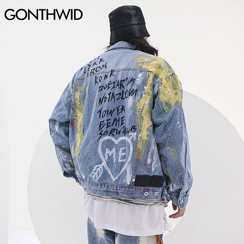 GONTHWID encre Graffiti imprimer Denim manteaux Hip Hop Punk Rock jeans décontractés vestes Streetwear hommes Hipster veste Outwear homme