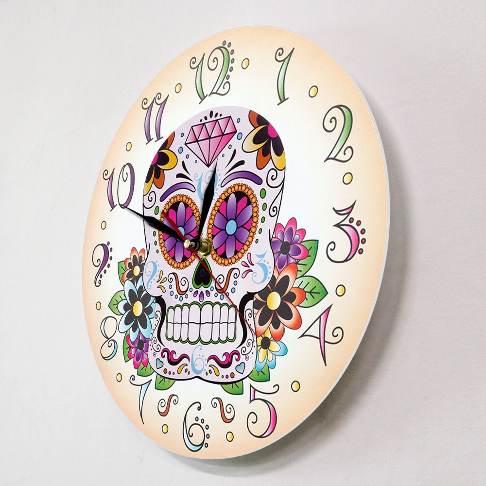 Day of the Dead Mexican Floral Skull Wall Clock Dia de Muertos Spanish Home Decor Hanging Wall Watch Silent Movement Timepieces