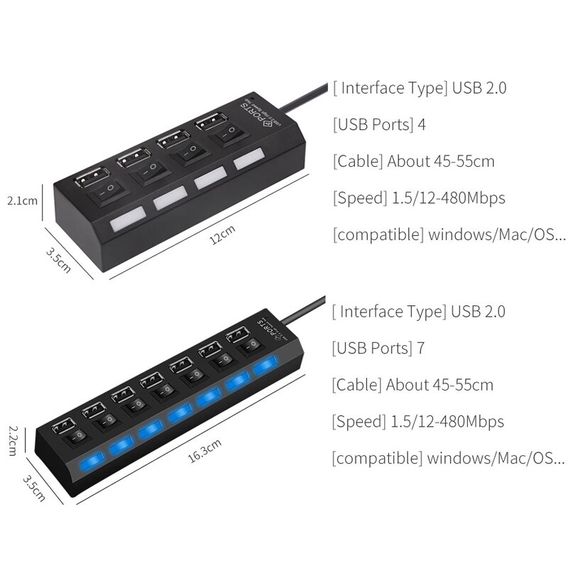 OUSU Hoge Snelheid 5G 4 7 Poorten USB Splitter mini Multi USB Hub 3.0 Schakelaar hab USB Hub met power Adapter Computer PC Accessoires