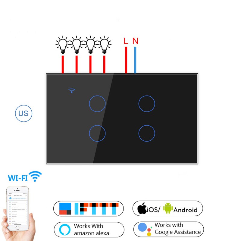 US/AU Standard Tuya/Smart Life APP Remote Control Light Switch,1/2/3/4 Gang 1 Way Smart Home WiFi Wall Touch Switch