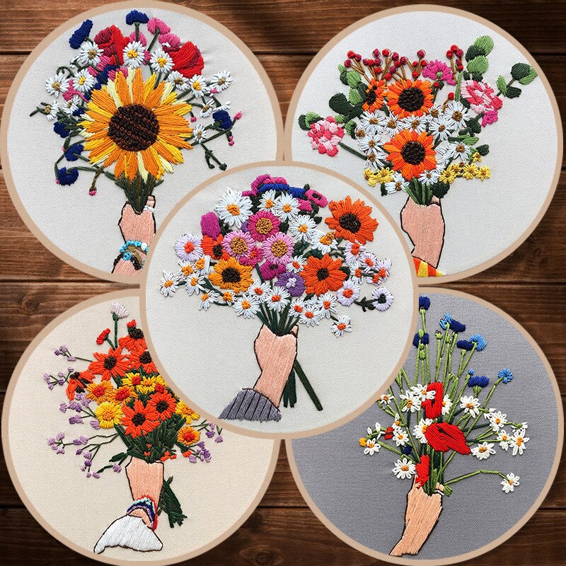 Bouquet Pattern Beginner Handmade Art Needlework Material DIY Kits Embroidery Fabric Sewing Craft Set Home Decor