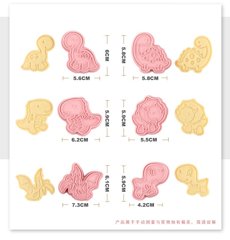6 stk / sett dinosaurform cookie kuttere plast 3d tegneserie trykkbar kjeksform cookie stempel kjøkken bakverk bakeware: misligholde tittel