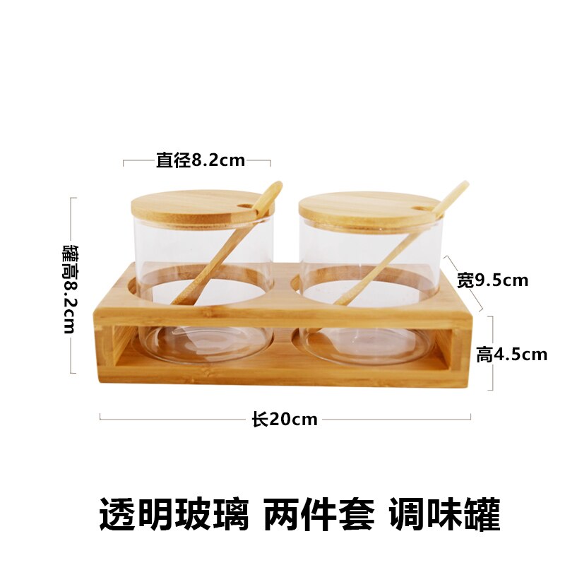 Japanese glass wood lid seasoning pot three piece seasoning box set sauce bottles sugar salt chili cans caster wooden shelf: glass two piece