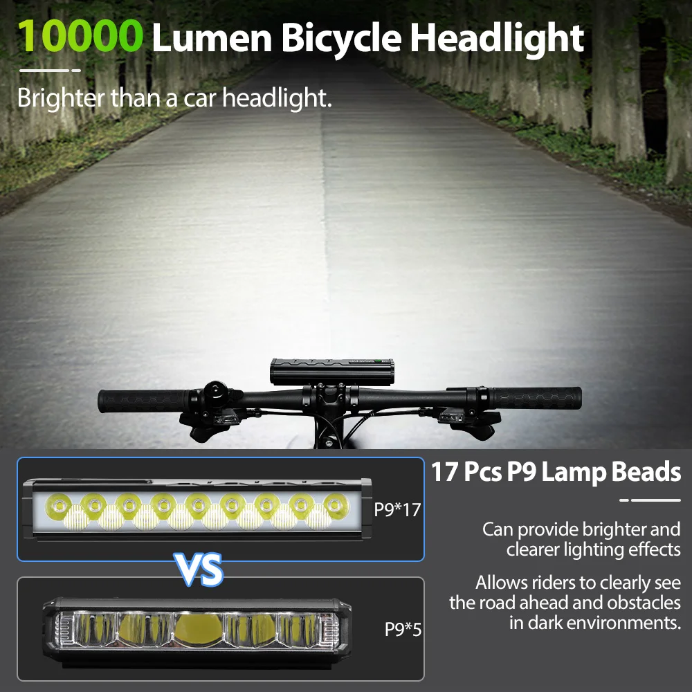 10000 mah cykellygte 17 led front dobbelt beslag powerbank mtb mountainbike lampe cykelforlygte cykeltilbehør
