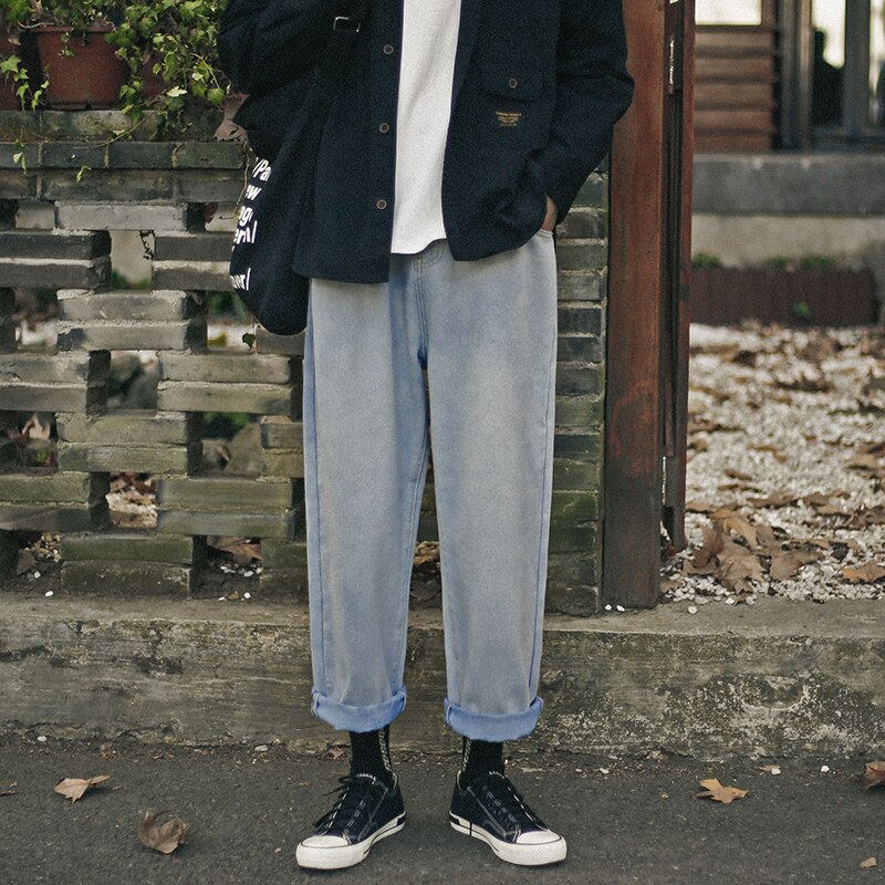 Breda ben jeans herr retro enfärgad casual raka jeans byxor herr streetwear hip hop jeansbyxor herr byxor m -3xl: Marinblå / Xxxl