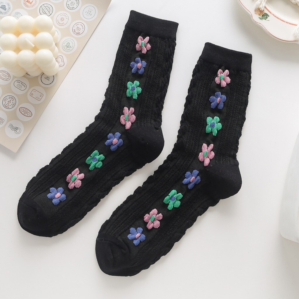 Women Autumn Winter Socks Ladies Knitting Flowers Happy Female Socks Casual Sox: BK