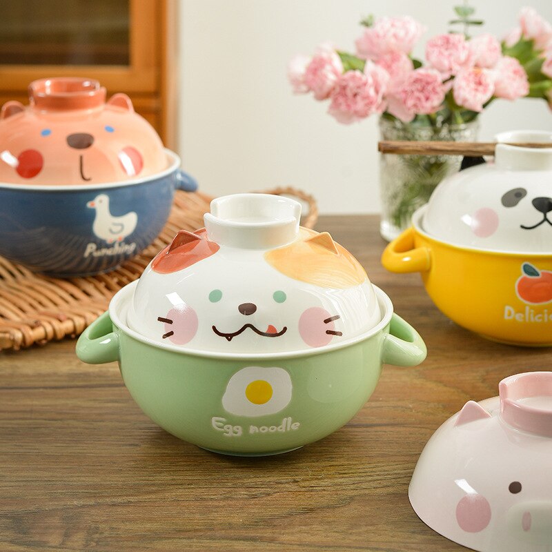 Cuencos de cerámica con tapa de dibujos animados japoneses, cuencos con tapa de oso Panda, gato, cerdo, fideos, Ramen, fruta, ensalada, sopa, bandeja, novedad