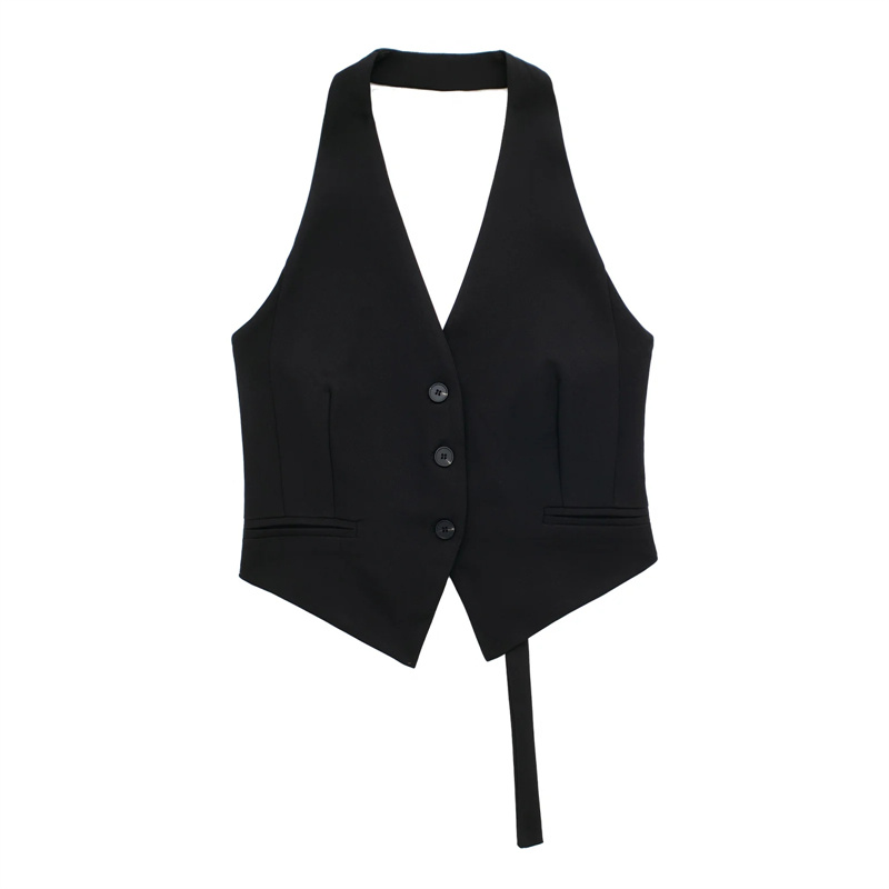 TRAF Black White Sleeveless Vest Women off Shoulder Cropped Vests for Women Waistcoat Halter Vest Top Women Vest Woman: L / black