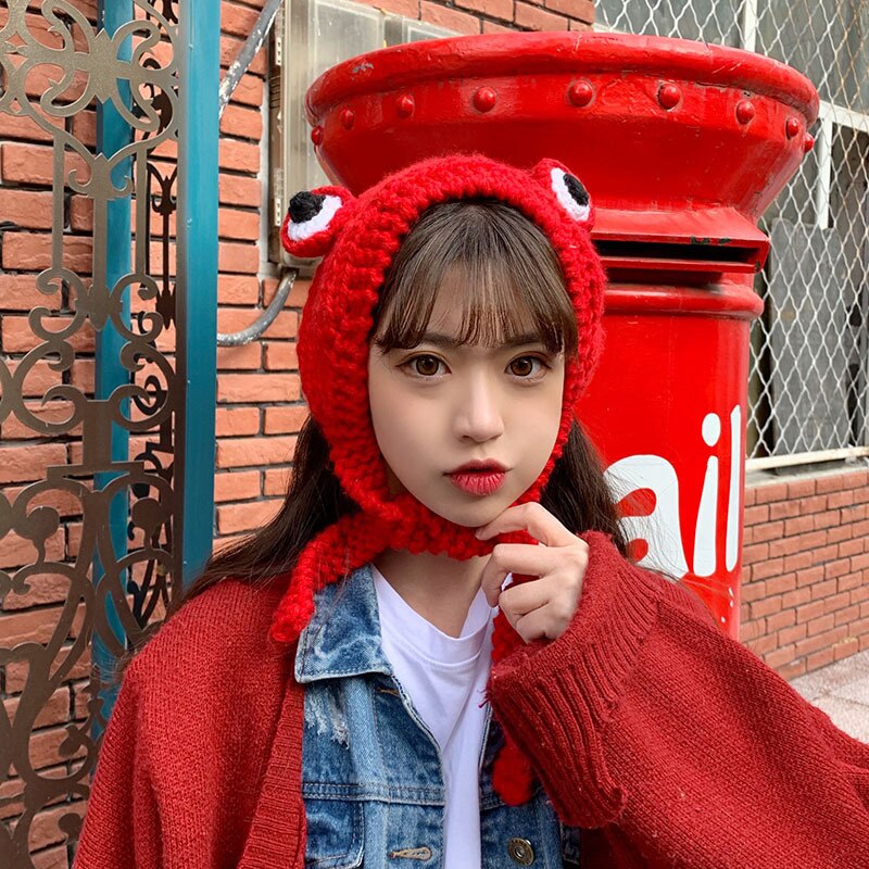 Cute Big Eyes Frog Hat Woman Woolen Knitted Hat Outdoor Hat Short Winter Children Long Hat Korean Student Hat Christmas