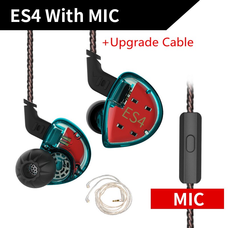 KZ ES4 1BA+1DD Hybrid In-ear Earphone Hifi Dynamic Driver Noise Cancelling Headset Replacement Cable AS10 ZSX ZSX ZST ES3 ZSN: cyan with mic silver