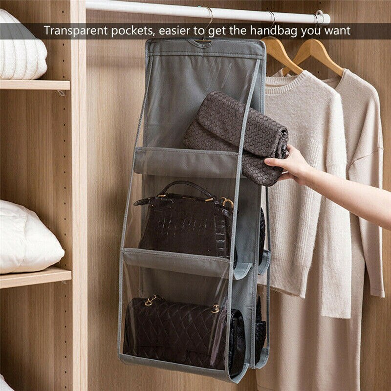6 Pocket Hanging Handbag Organizer for Wardrobe Closet Transparent Storage Bag Door Wall Clear Sundry Shoe Bag
