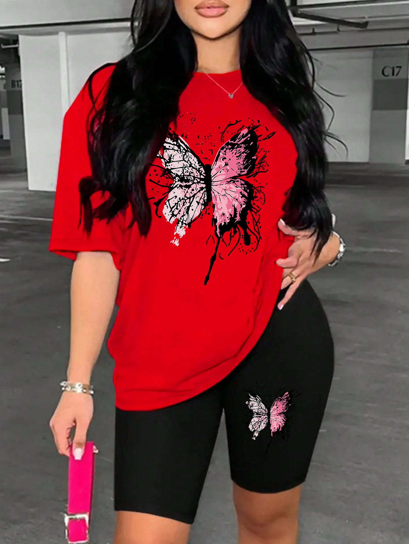 Beautiful Butterfly Pattern Print For Women Short Sleeved Shorts Set Soft Essential Two Piece Set Sports Comfortable Shorts Sets: L / black