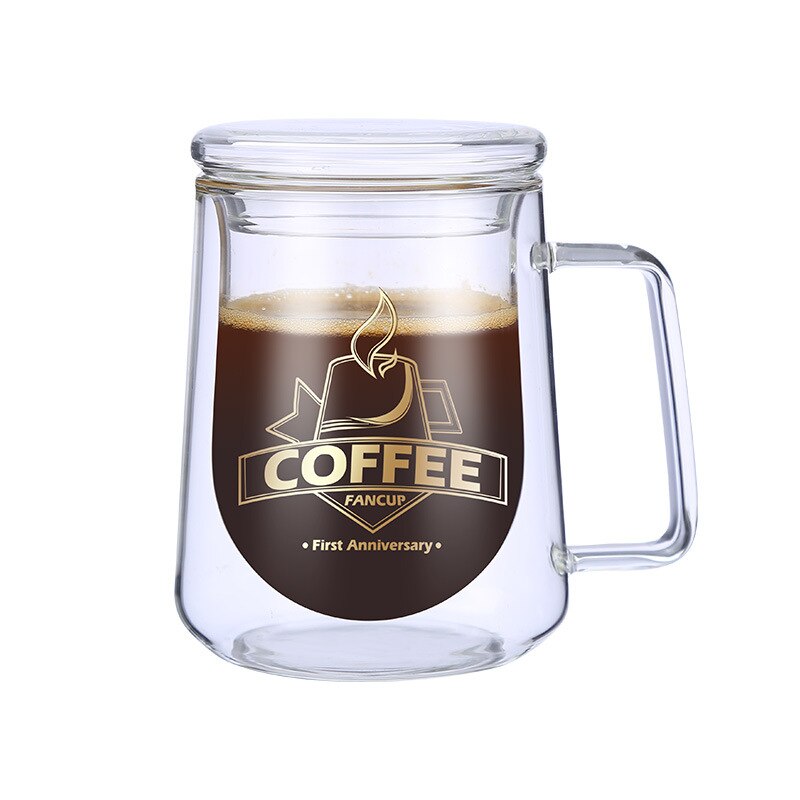 Glass kopp gjennomsiktig glass kopp drikkeglass dobbel vegg glass kaffekopper med lokk glass kopp krystall glass krus: N7190 med deksel