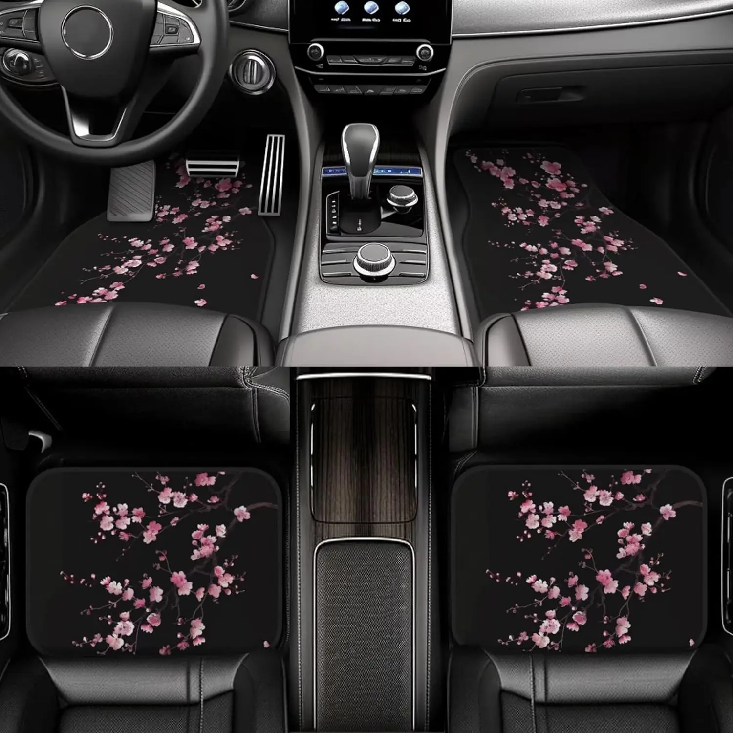 4 Uds alfombrillas de coche alfombras Rosa flor de cerezo Protector de suelo de coches para alfombra negro lindo Floral antideslizante alfombrillas traseras de coche