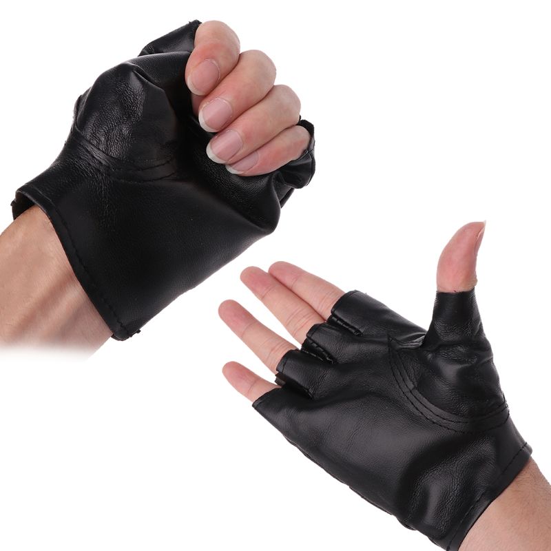 Boy Gloves Cool Hollow PU leather Biker Driving Gloves for Men Black Half Finger Gloves Fingerless Gloves Punk Gloves