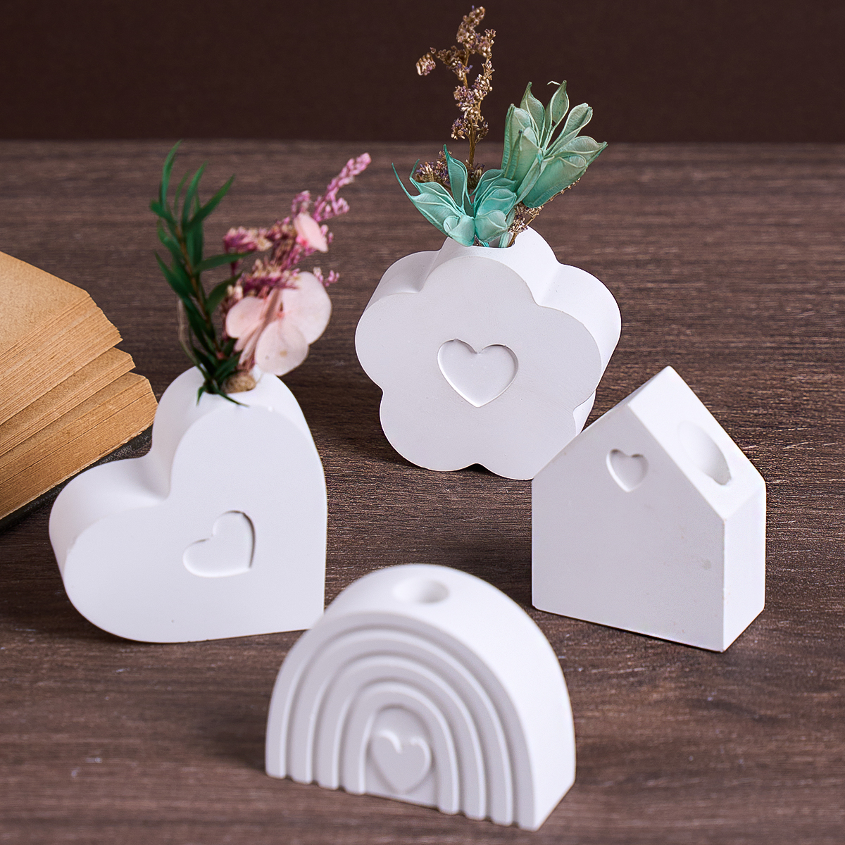 Jarrón de inserción, adorno de yeso, molde de silicona DIY, casa pequeña, corazón de arcoíris, flor, macetas, molde para manualidades de yeso, decoración del hogar