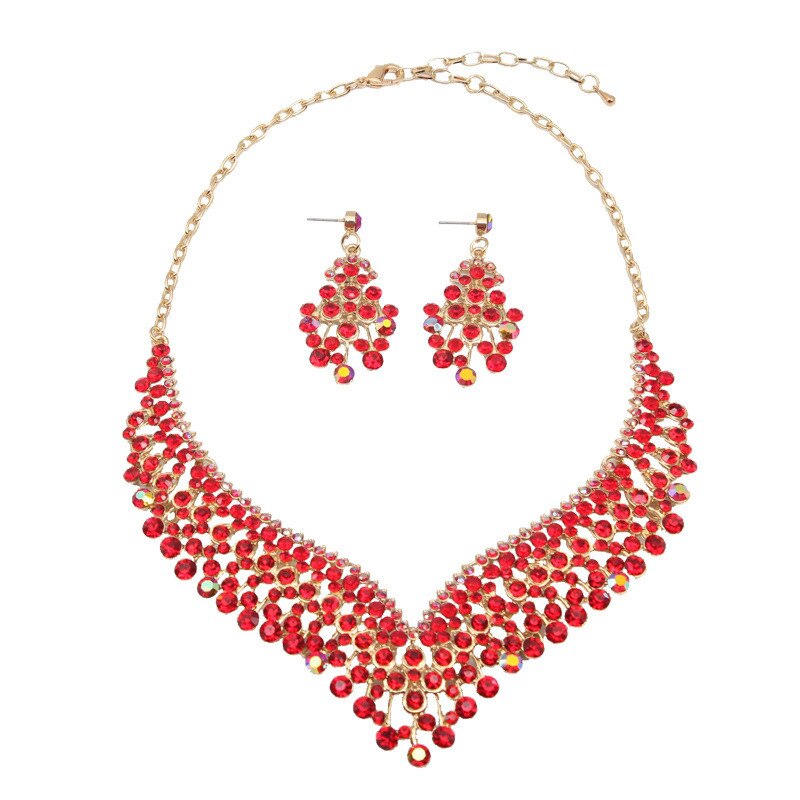 Red Rhinestone Earrings Necklace Set Jewelry Sets Women Gold Color Choker Bridal Wedding Party Costume Accessories