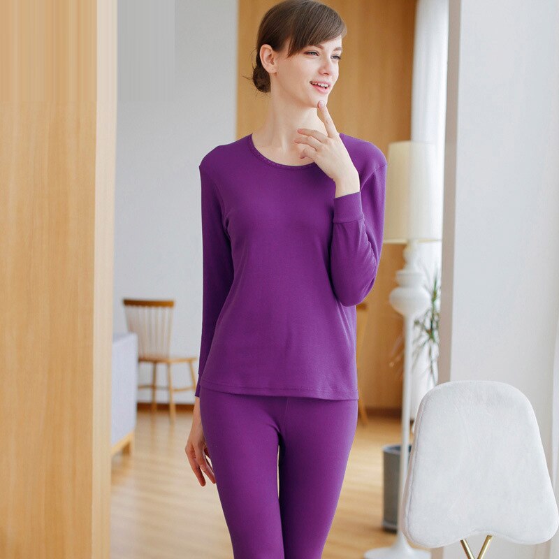 Women Winter Cotton Thermal Underwear Women Warm Suit Collar Base Women Thick Cozy Long Johns: O-Purple / XXL