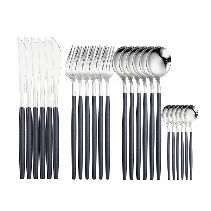 Gold Cutlery Tableware 24 Piece Knife Fork Spoon Set Polishing Flatware Forks Spoon Set Stainless Steel Cutlery Dinnerware Sets: black sivler 6sets