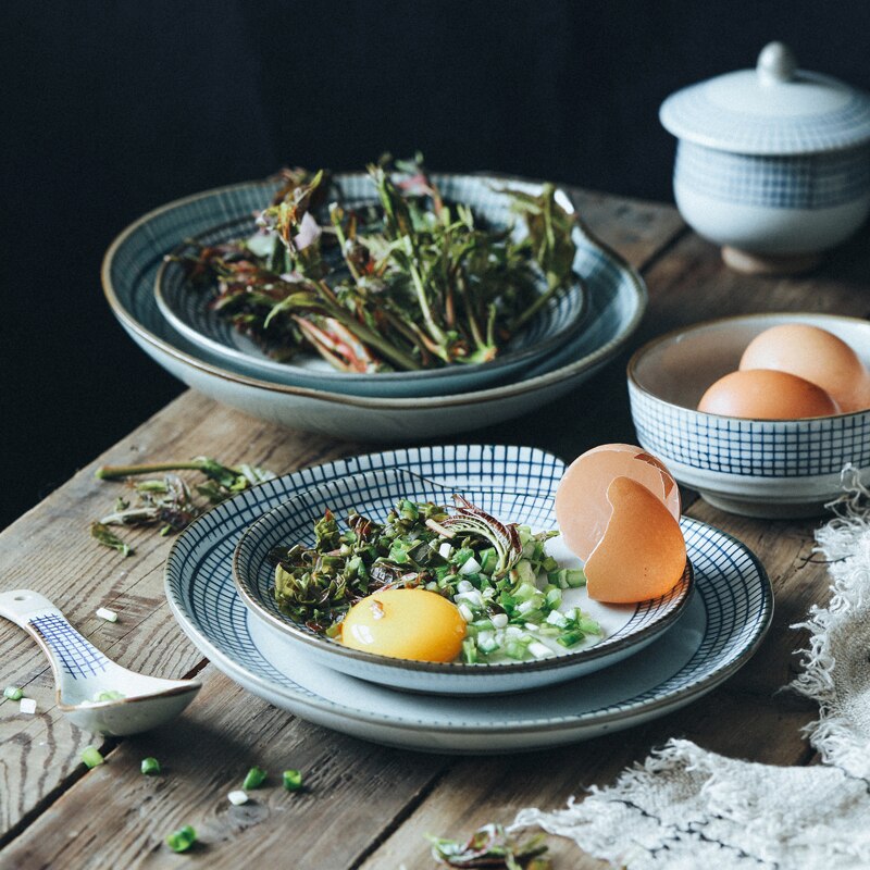 Keramische Schotel Plaat Handgeschilderde Diner Plaat Japanse Stijl Plaid Soep Plaat Salade Retro Creatieve Servies