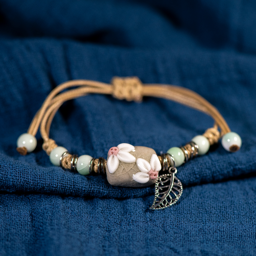 Forest Series Plant hand-kneaded Ceramic Adjustable DIY Bracelet For Women Jewelry #CZ501: Platinum Plated