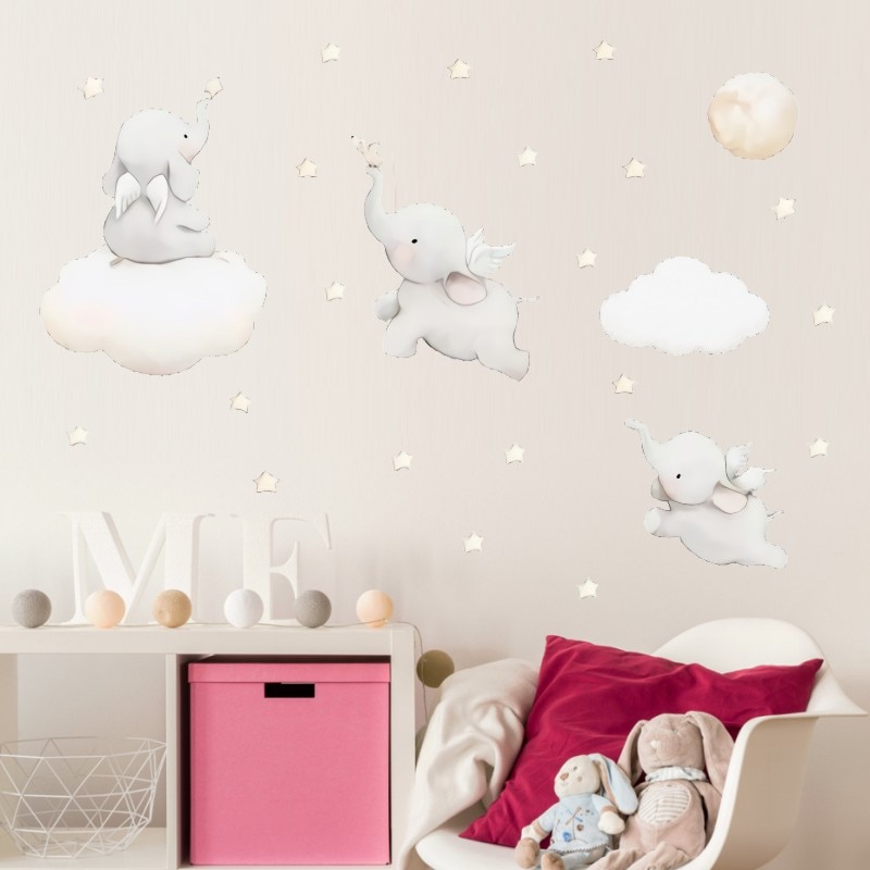 1Set Leuke Olifant Met Vleugels Muurstickers Zelfklevende Stickers Leuke Kids Baby Room Decor Muur Olifant Decortive stickers