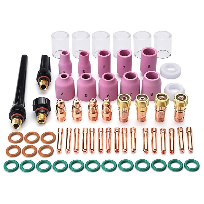 63 Pieces TIG Welding Accessory Kit Chuck Body Glass Cup Aluminum Nozzle Coarse Tone Lens 10 Pyrex Cup Kit for TIG WP