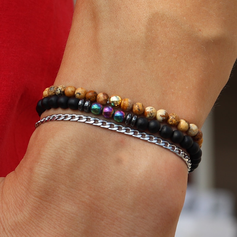 3 Pcs/Set 4mm Small Natural Stone Beads Bracelet Link Chain Tiger Eyes Braclets Sets For Men Hand Jewelry Pulseira Homme