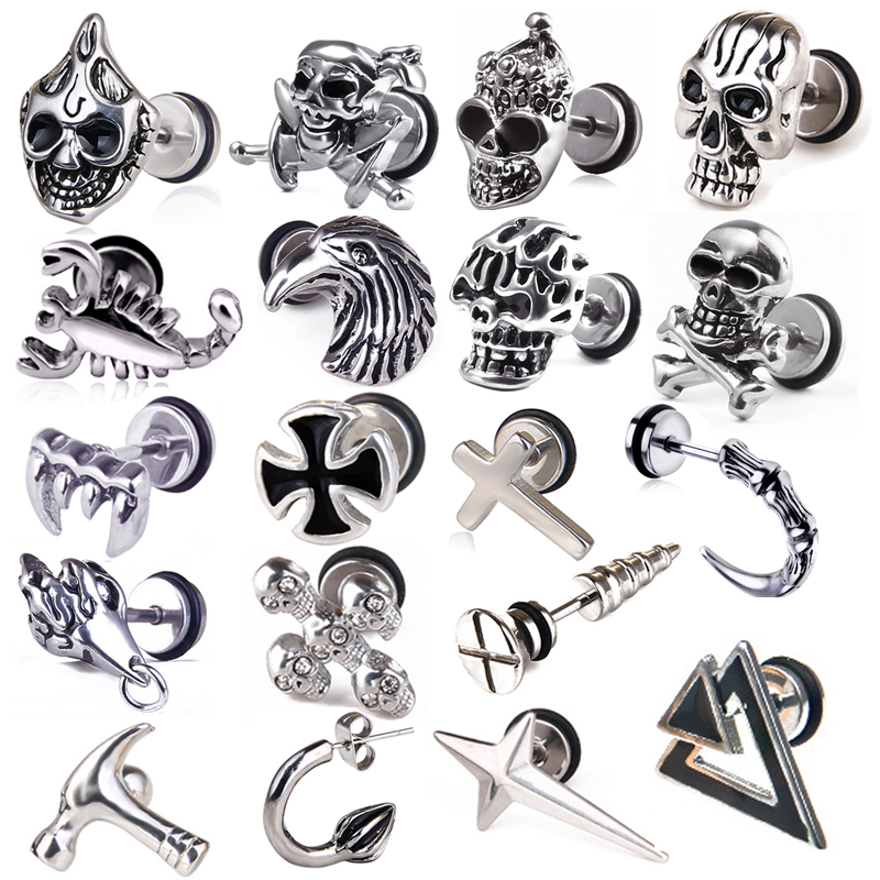 Unisex Vrouwen Mannen Oorbellen Rvs Piercing Nail Schroef Cross Skull Stud Oorbellen Punk Helix Oor Piercings Mode-sieraden
