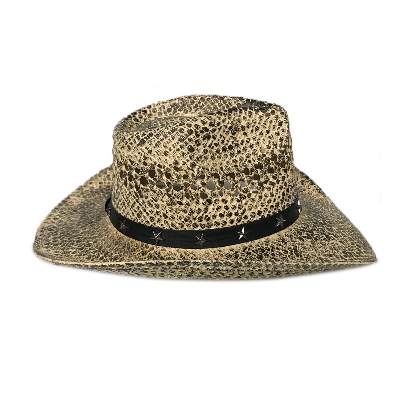 YY-sombreros de paja de estilo vaquero para hombre, gorros de paja con remaches anchos de estrella de cinco puntas, gorra de Jazz, sombrero de playa de vaquera hueco CM19013