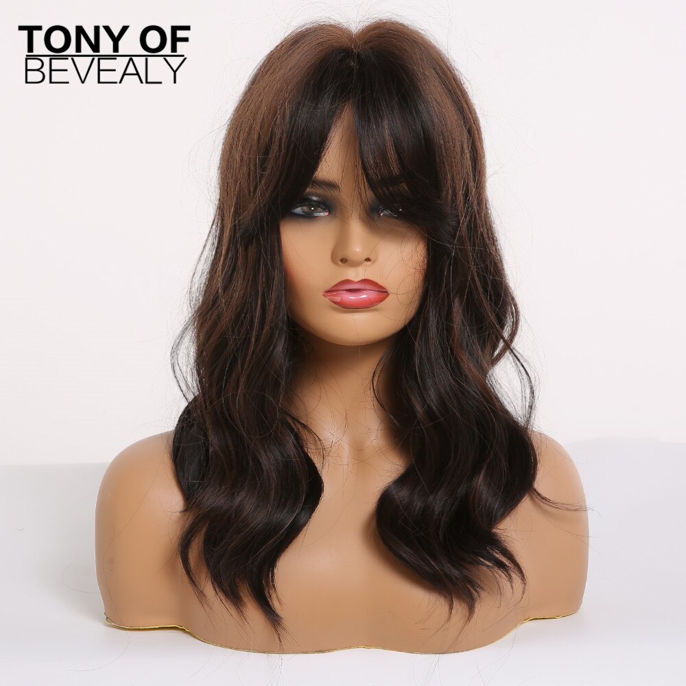Medium Length Synthetic Wigs for Women Brown Wavy Natural Hair Wigs With Bangs Cute Cosplay Party Wigs Heat Resistant Fiber