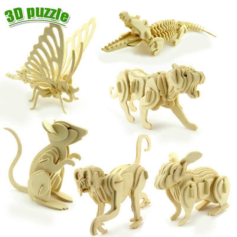 Pädagogisches puzzles dinosaurier tiere dreidimensionale modell montiert holz puzzle spielzeug 3D DIY für baby kinder holz spielzeug