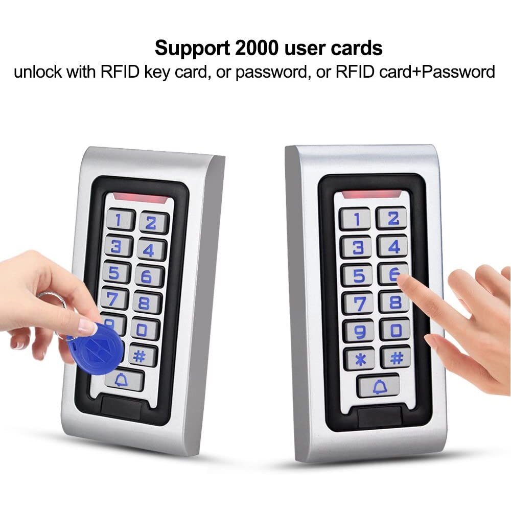 IP68 Waterproof RFID Access Control Keypad Metal Card Reader + 10pcs 125KHz Proximity Keychains WG26 2000 Users for Home/Office